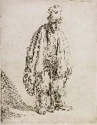 REMBRANDT Harmenszoon van Rijn Beggar in a high cap,Standing and Leaning on a stick oil painting on canvas